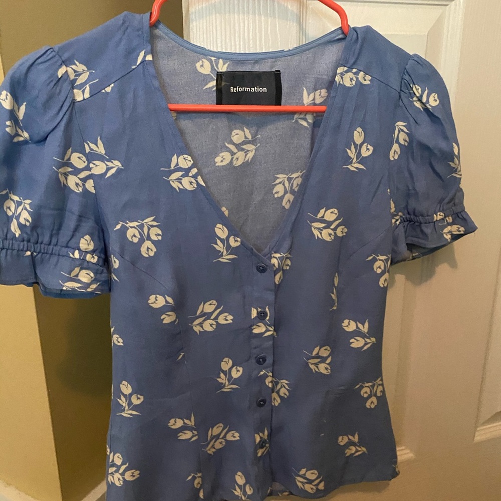 Reformation Blue Floral Blouse Top